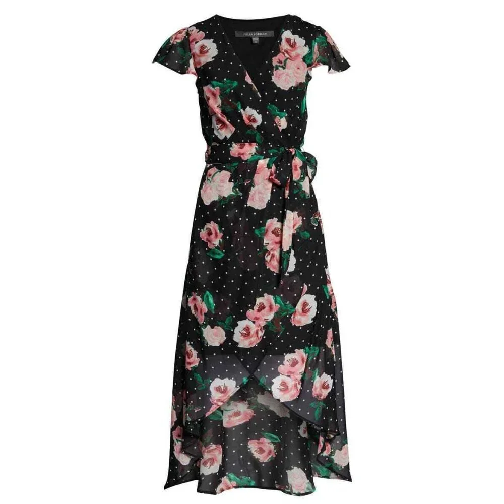 Julia Jordan Faux Wrap Dress Black Dots Pink Floral High Low Chiffon SZ 6 NWT - Picture 6 of 6